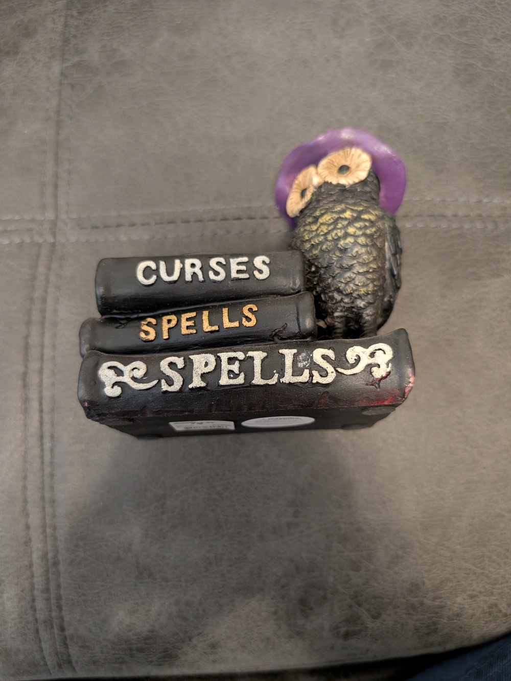 Black Owl Figurine with Purple Hat on Spell Books - Halloween Accent